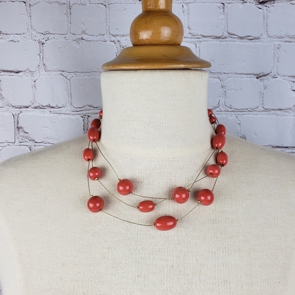 Multi Strand Illusion Wire Coral Bead Goldtone Floating Necklace Adjustable - Picture 5 of 7